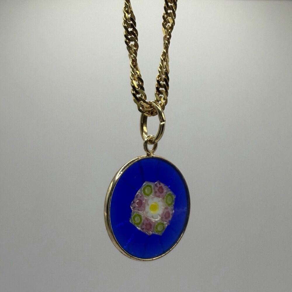 Vintage 925 Sterling Silver Gold Over Millefiori Glass Pendant Necklace 13”